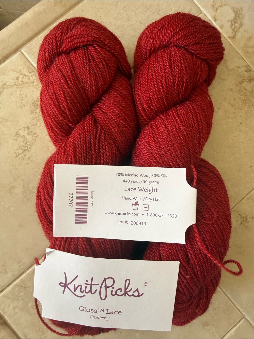 Knit PicksGloss Lace Merino/Silk Blend Yarn - Cranberry Red Lace Weight 2 Hanks